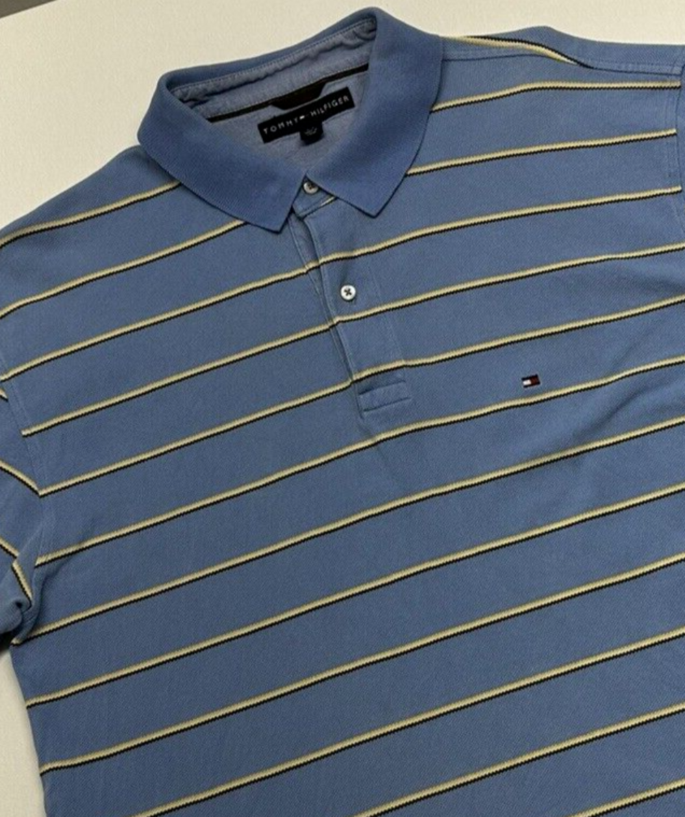 Tommy Hilfiger Short Sleeve Cotton Polo Mens Large Light Blue Yellow Stripes L